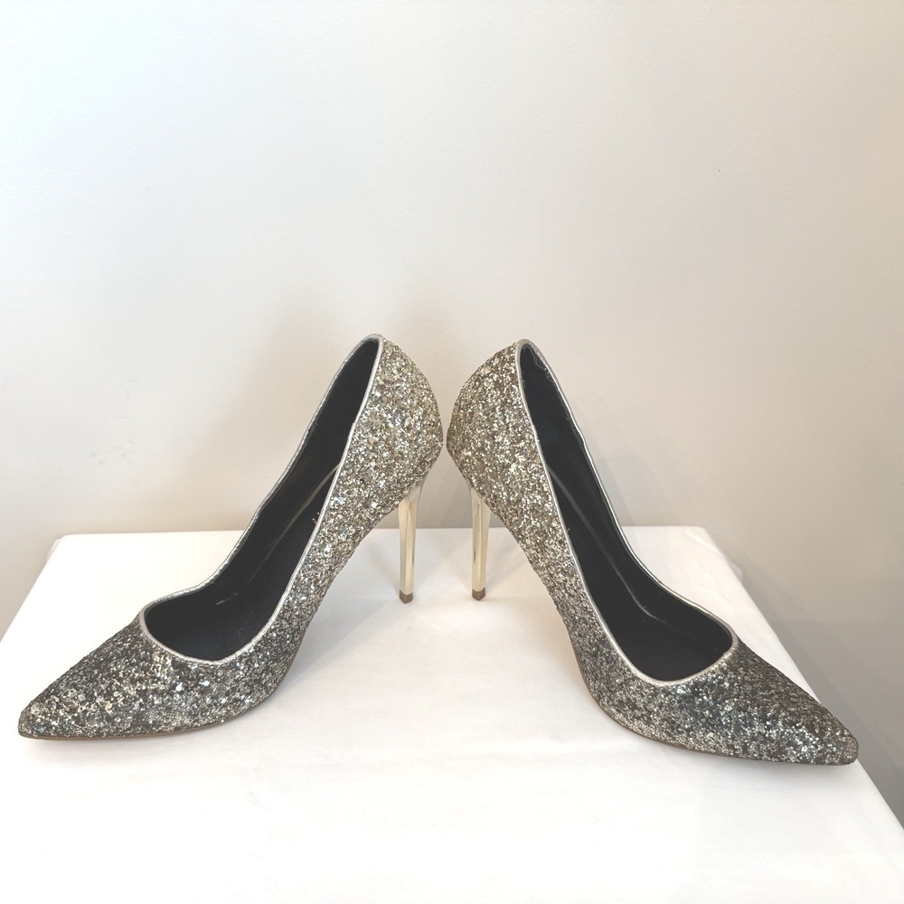 Madden Girl Gold Glitter‎ Stilettos Shoes Sz 8 Med Width 4" Gold Heel Good Cond